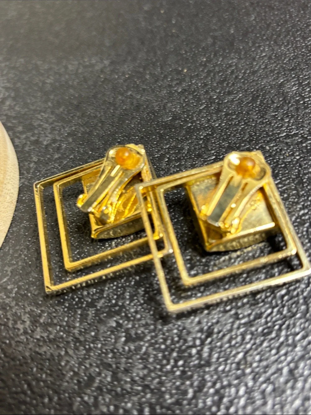 Vintage Fashion Statement Gold Geometric Drop Clip On Earrings Blue Cabochon
